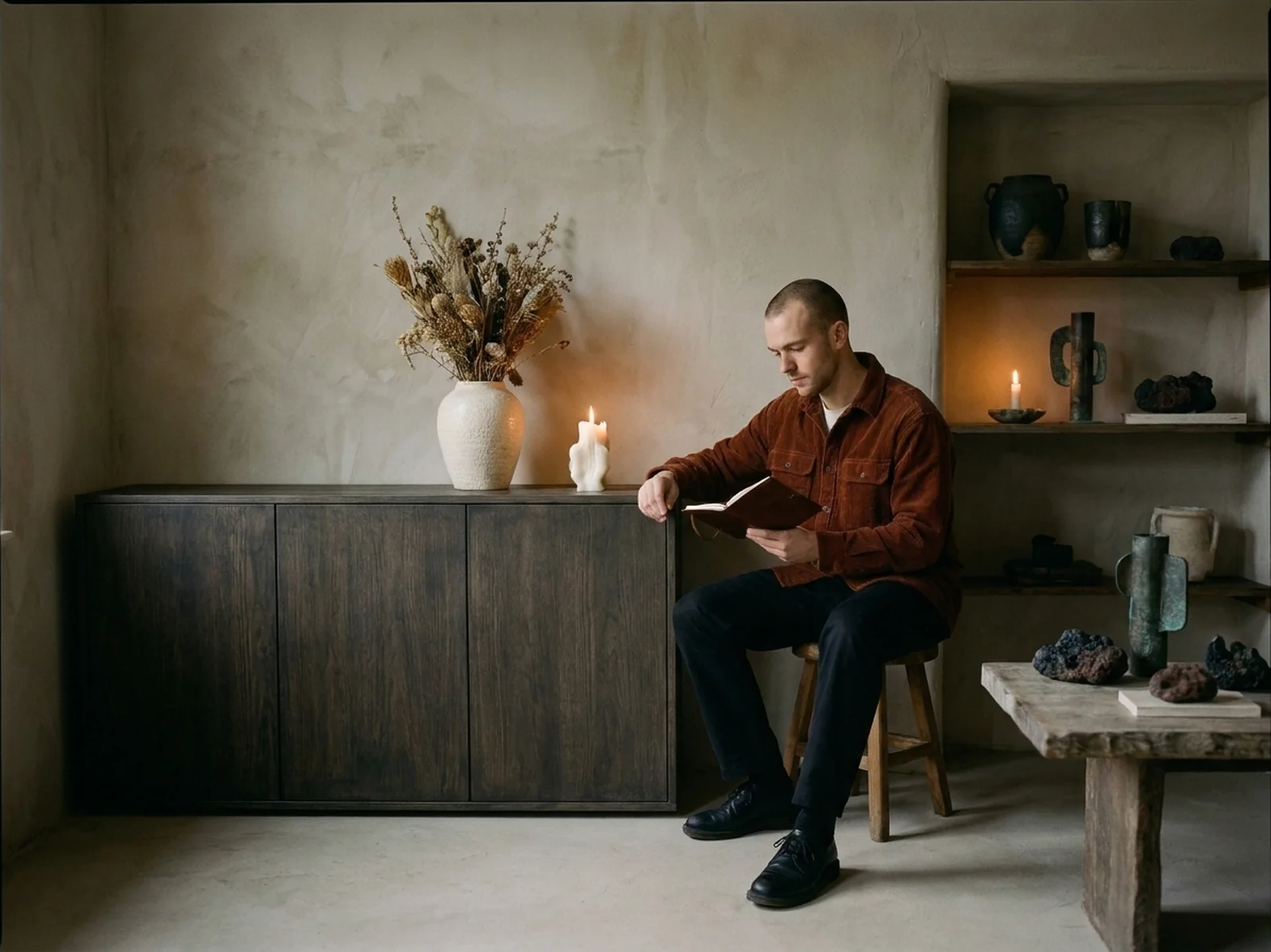 A Seeker reading his notes by candlelight in a quiet plaster study