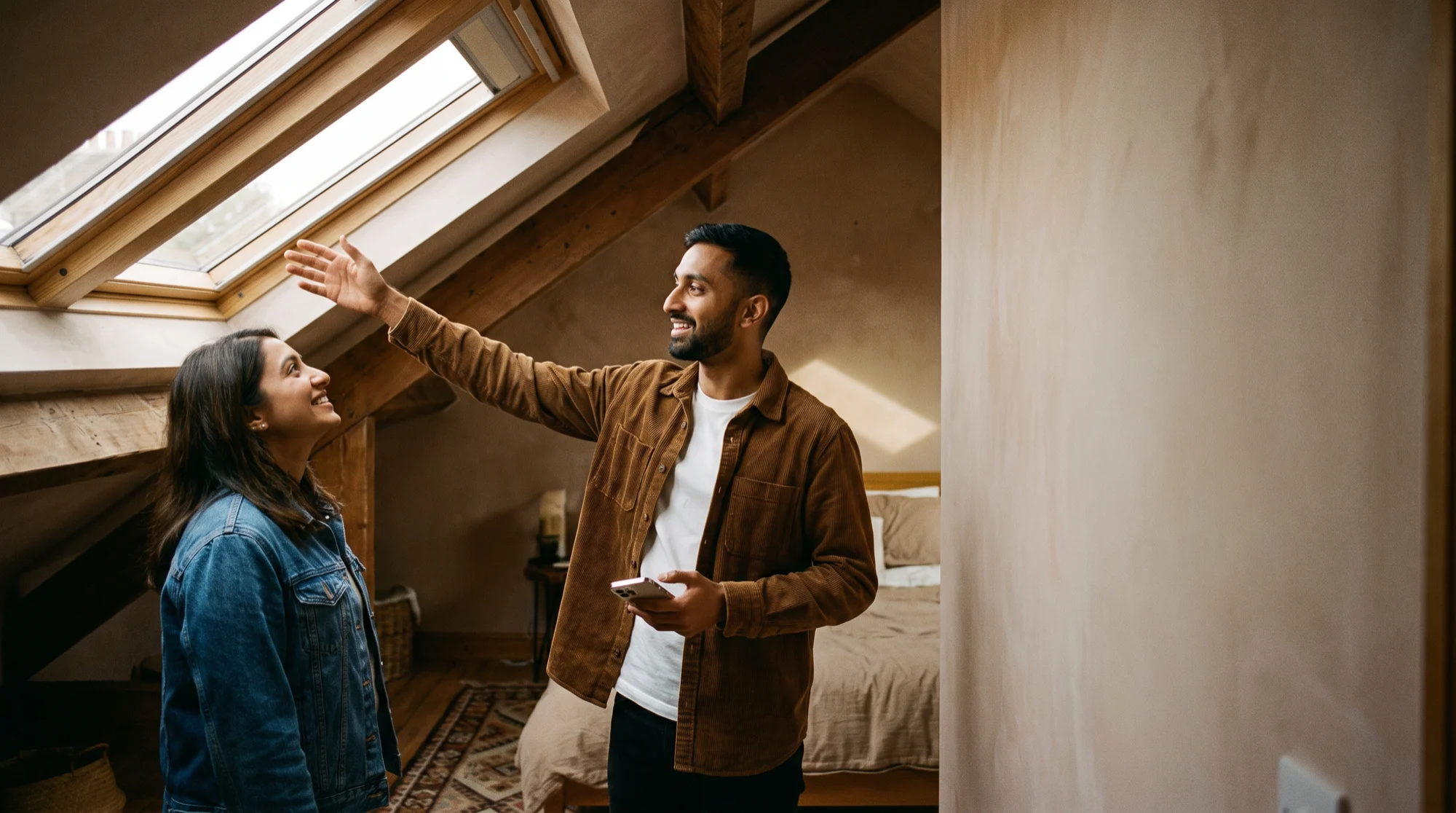 A Seeker showing a couple around a sunlit loft conversion