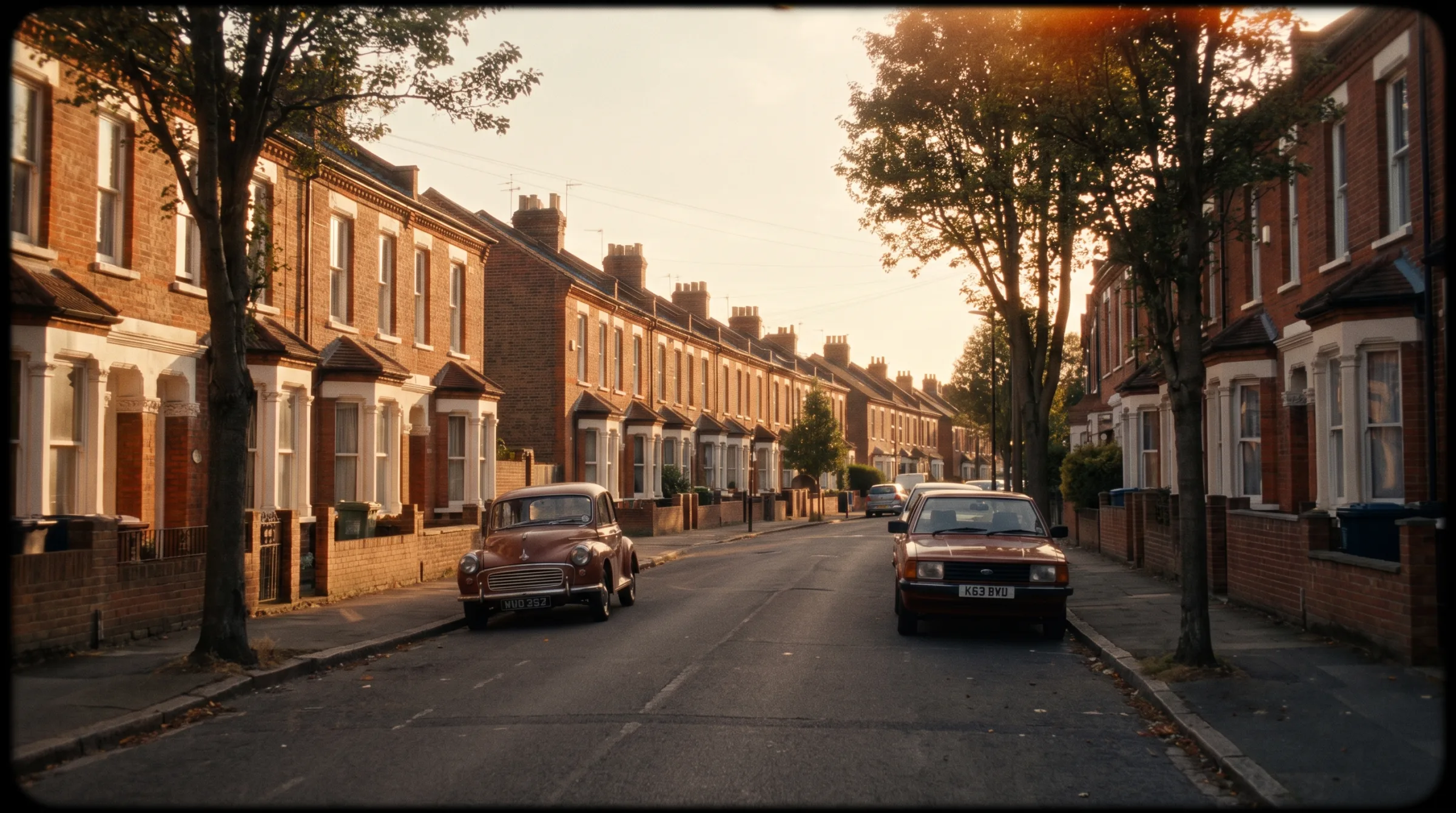 A residential street of terraced homes at golden hour