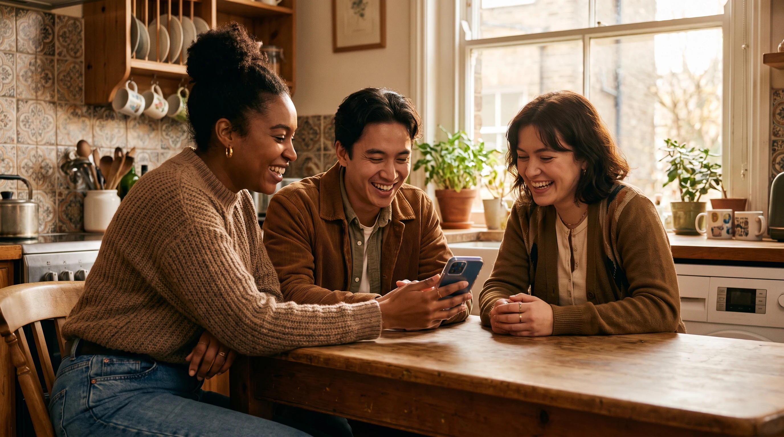 Seekers catching up over a phone in a warm London kitchen