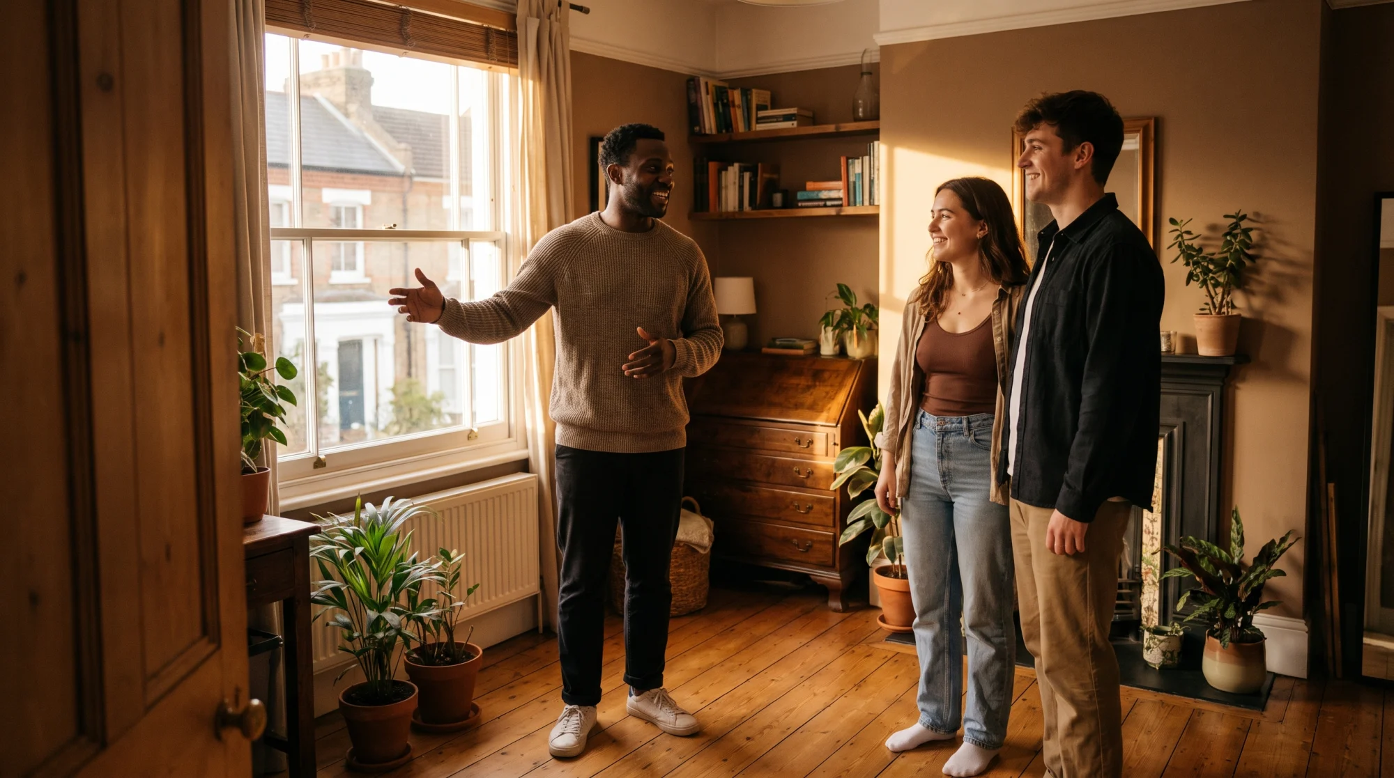 A Seeker showing a couple around a warm period London flat