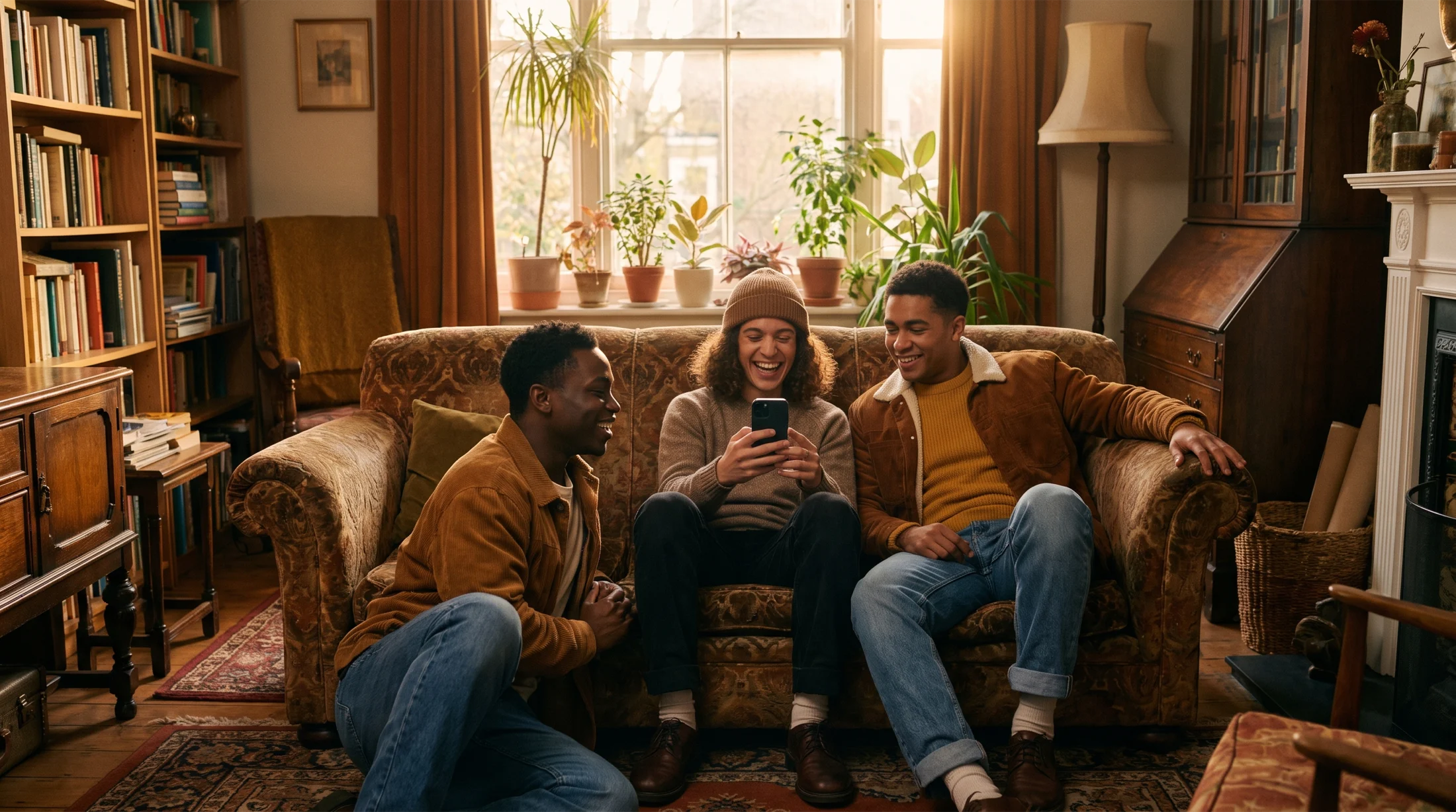 Three friends laughing over a phone in a warm London living room