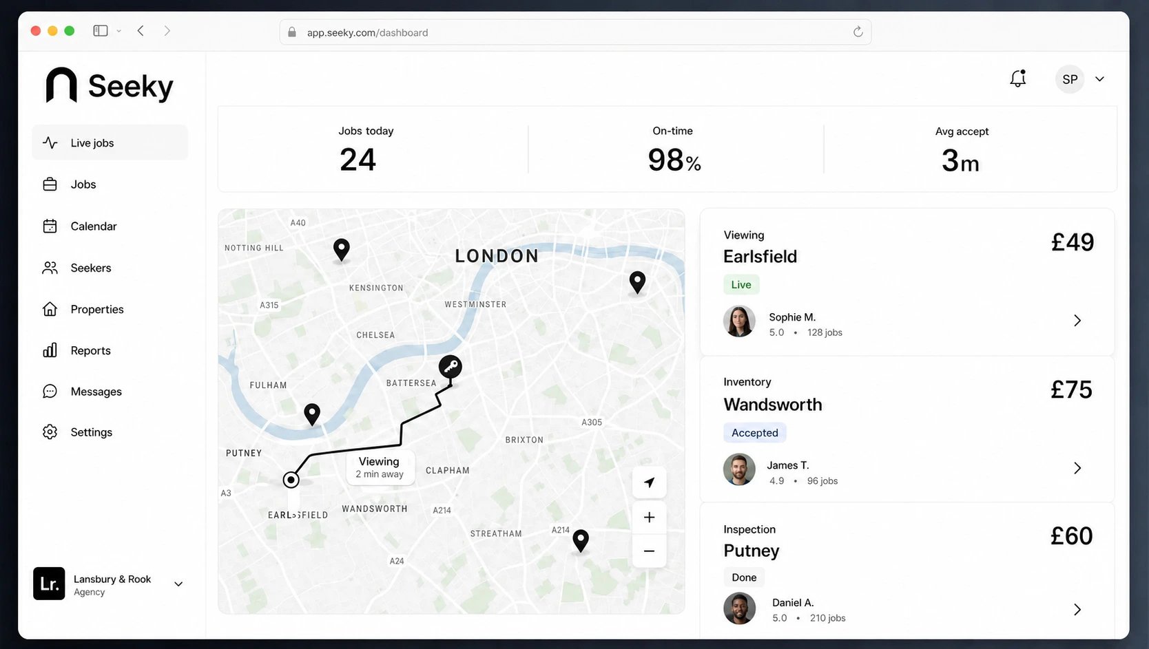 The Seeky agent console — live jobs across the city