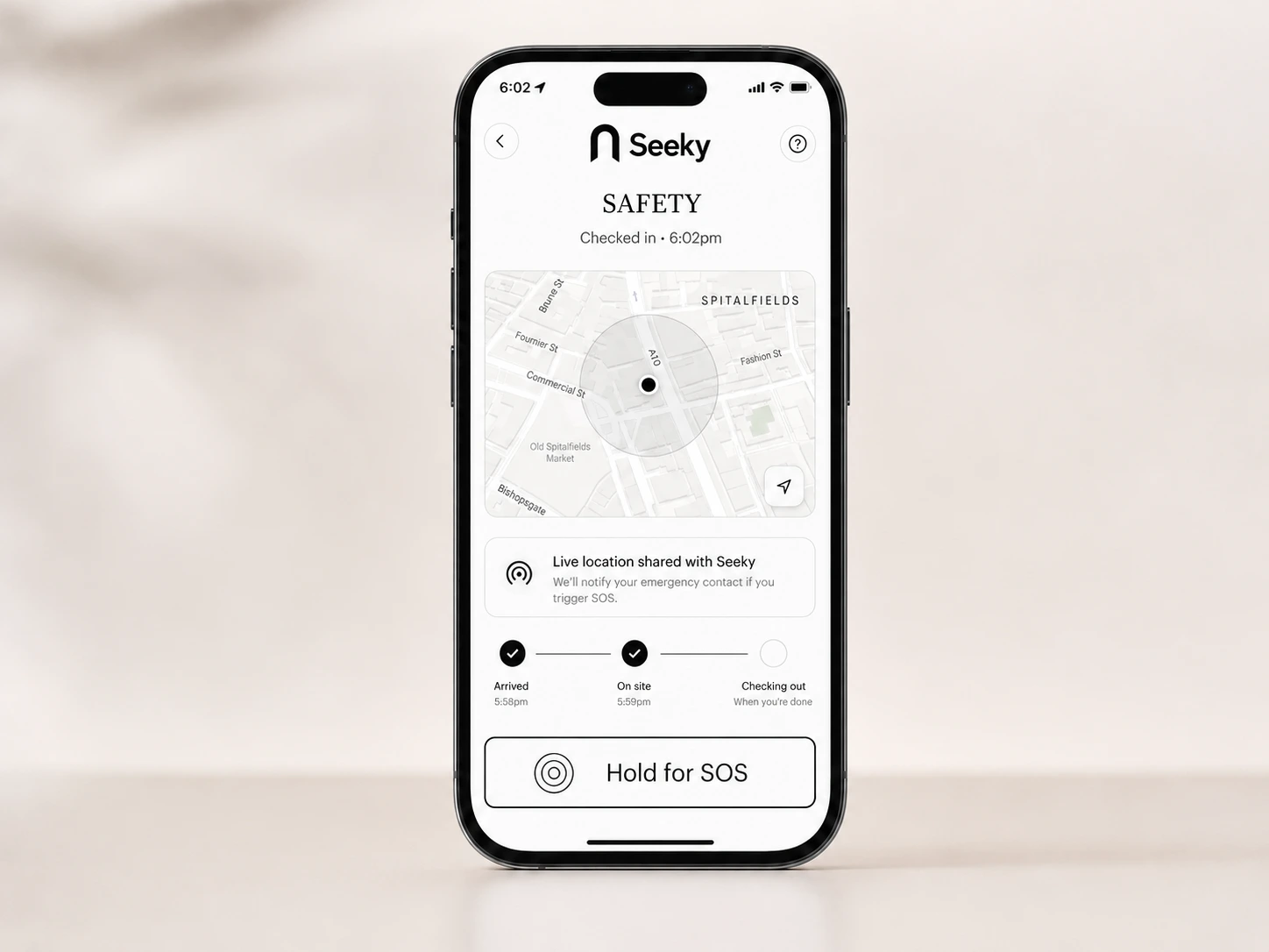 The Seeky in-app safety screen: live location, check-in timeline and one-tap SOS